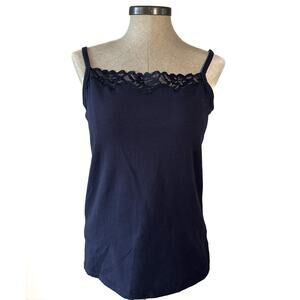 Y2K Navy Lace Trim Cami Cotton Tank Top Minimalist Soft Girl Coquette Basic